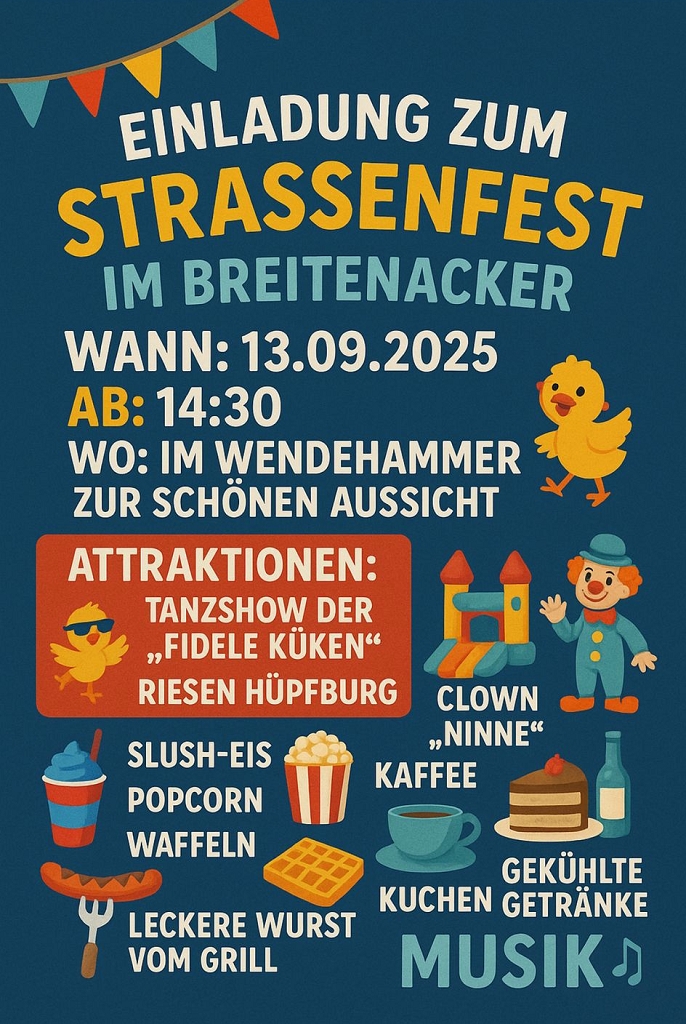 Flyer mit Einladung zum Strassenfest am 13.09.2025