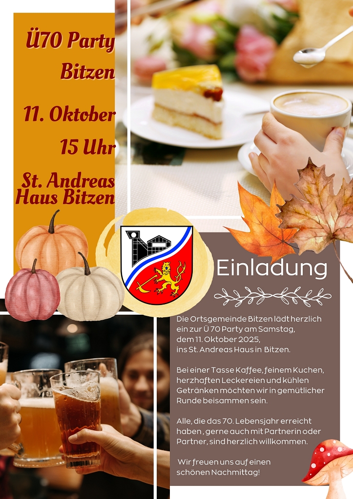 Flyer mit Einladung zur Ü-70 Party am 11.10.2025