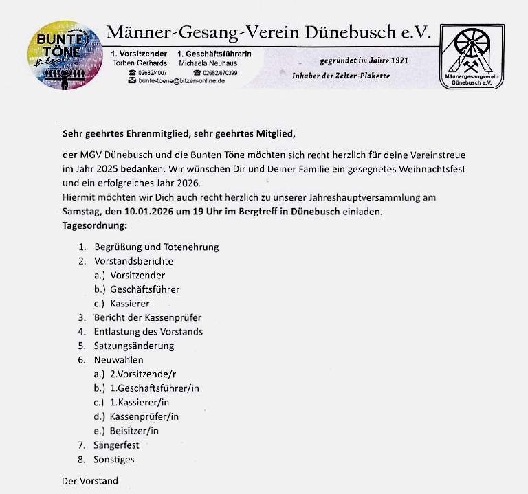 Flyer mit Einladung zur Jahreshauptversammlung des MGV