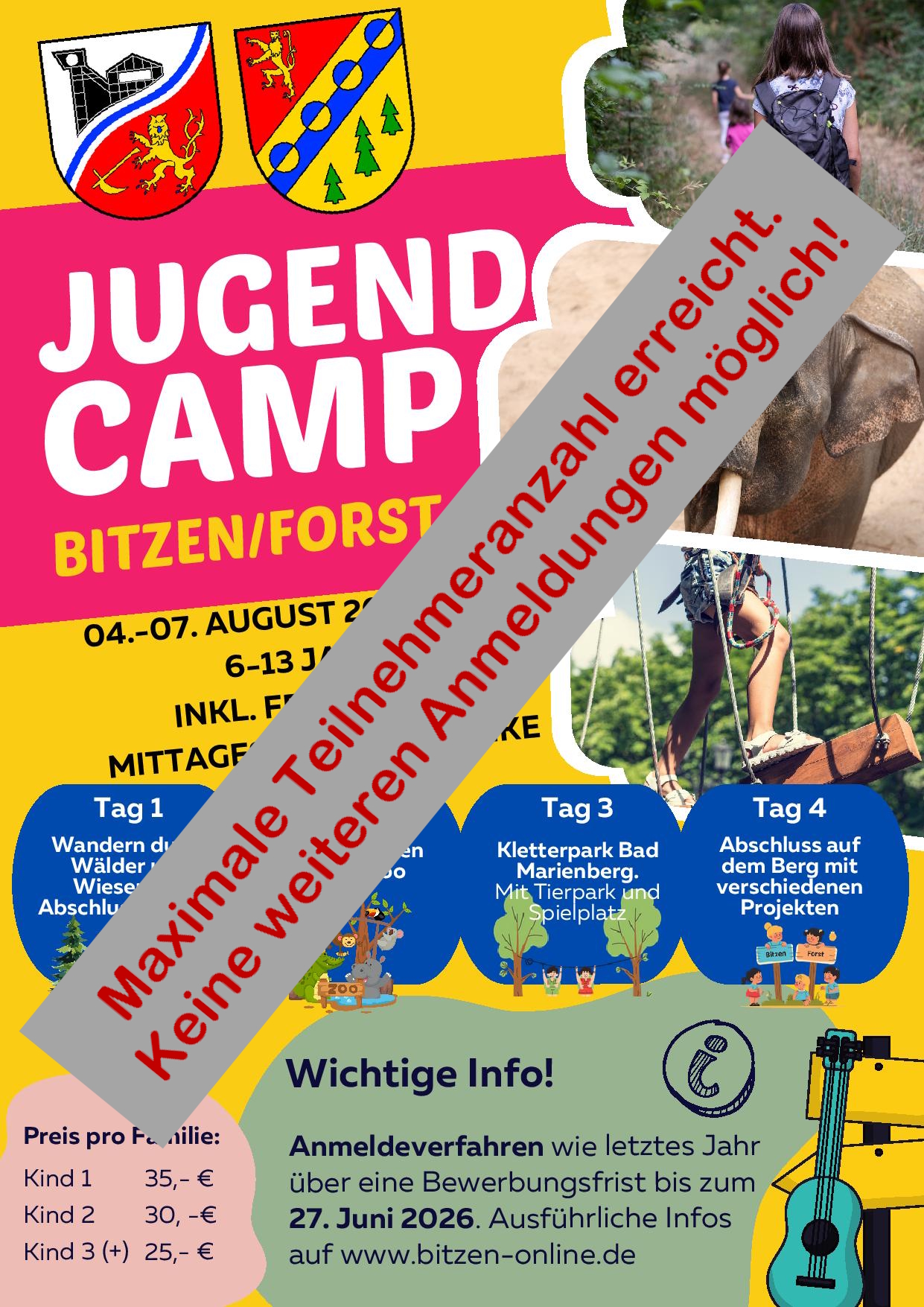 Flyer mit Mitteilung Jugendcamp ist voll.